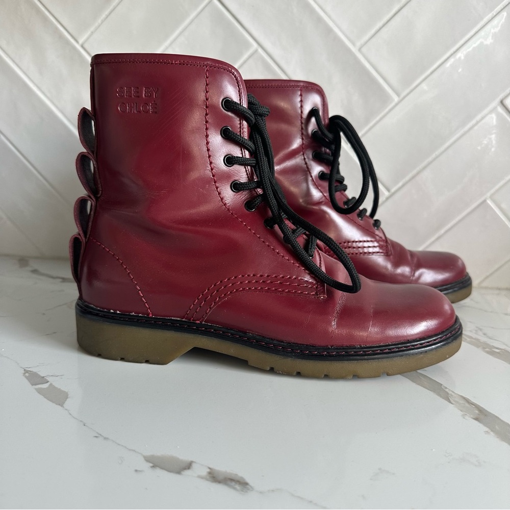 See By Chloe Red Combat Boots with Glossy Finish